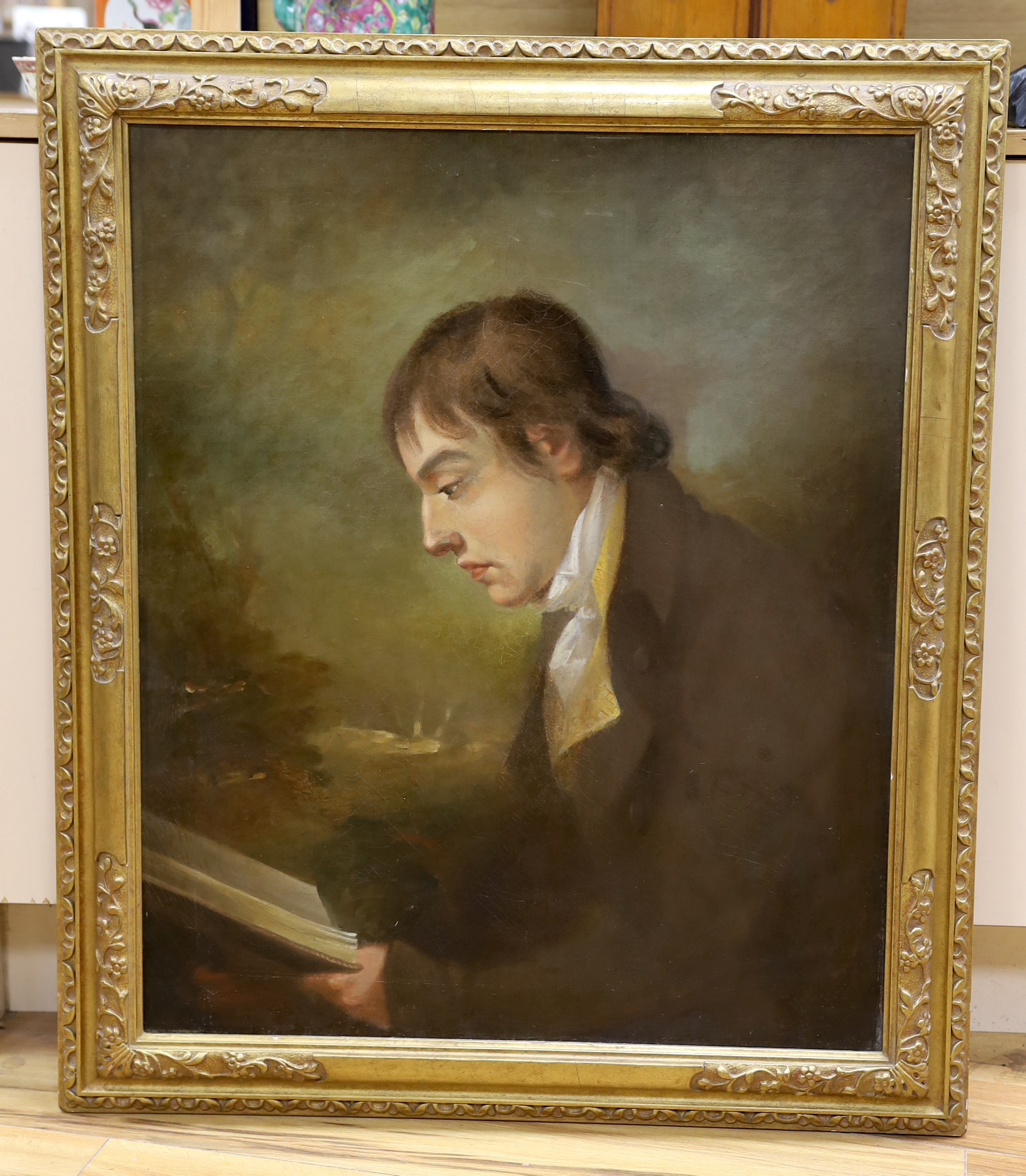 19th century English School, Portrait of the poet John Keats reading before a landscape (1795-1821), 75 x 62cm, ornate gilt frame